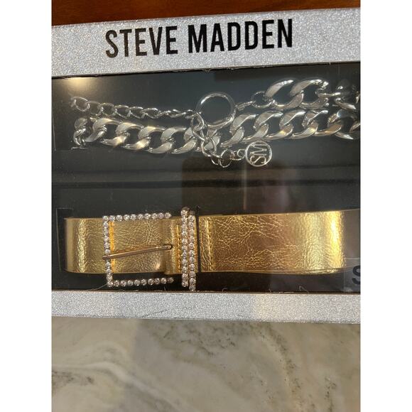 Steve Madden Metallic Belt Bundle Gold & Chunky Silver Chain Belt - Picture 2 of 3